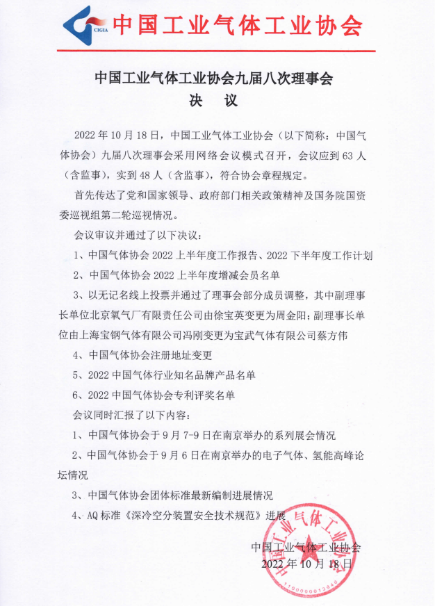 中国工业气体工业协会九届八次理事会决议(图1)