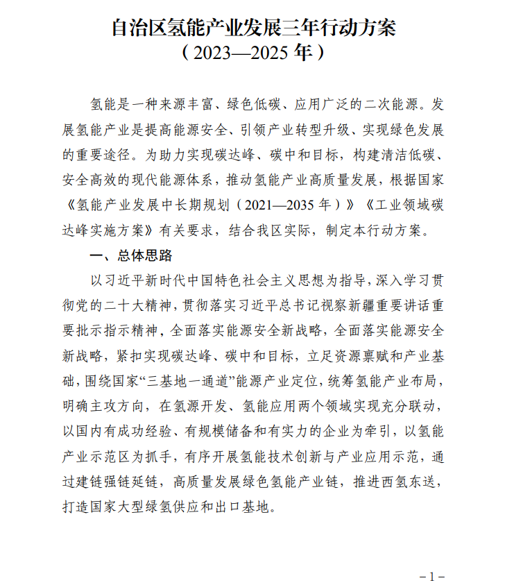 新疆氢能产业三年行动方案：推广1500辆氢燃料电池车, 绿氢10万吨/年！(图1)