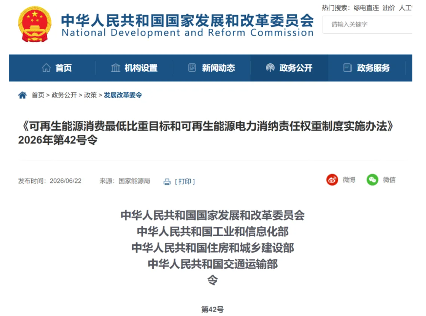 《可再生能源消费最低比重目标和可再生能源电力消纳责任权重制度实施办法》公布(图1)