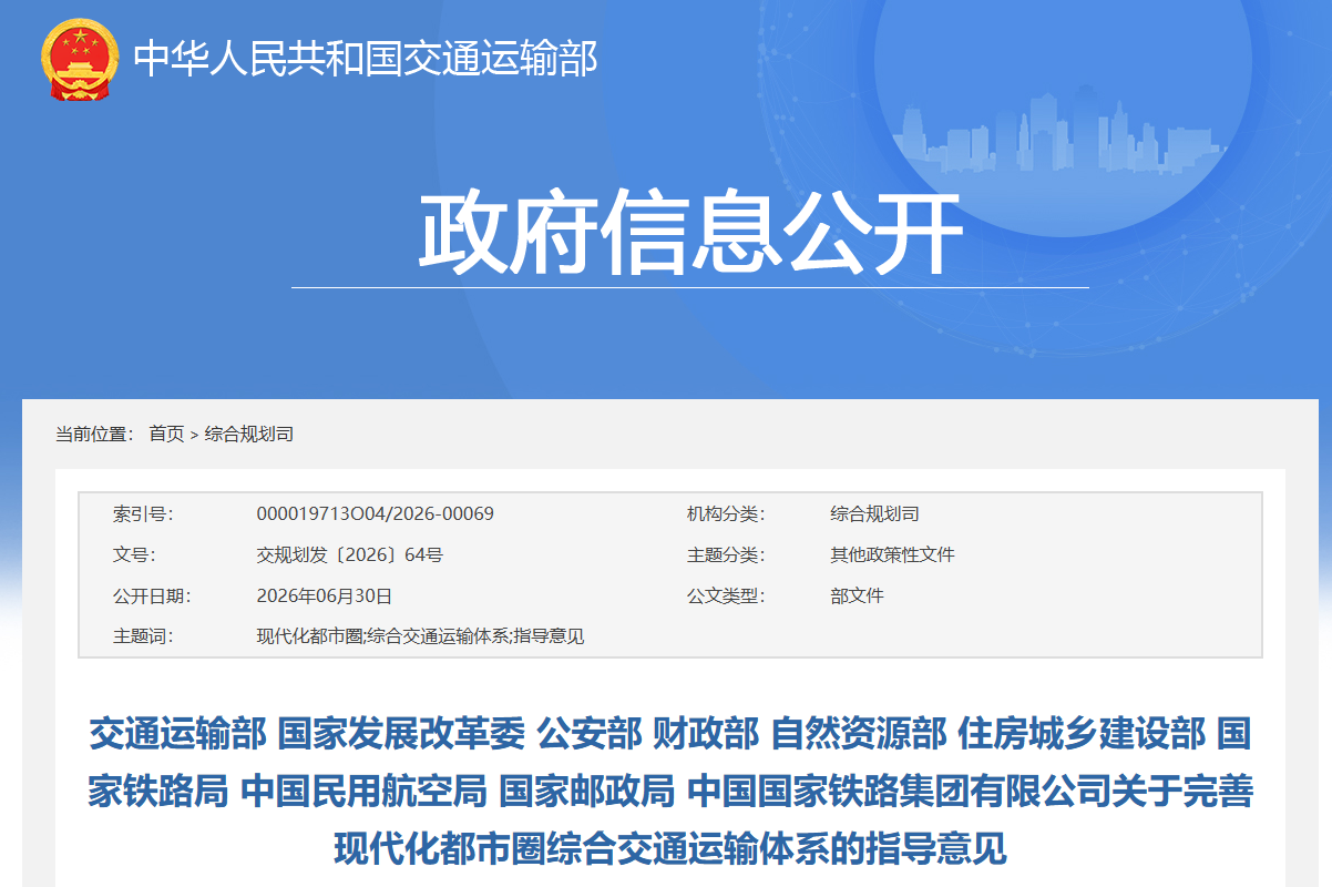 交通运输部等十部门联合发布《关于完善现代化都市圈综合交通运输体系的指导意见》(图1)