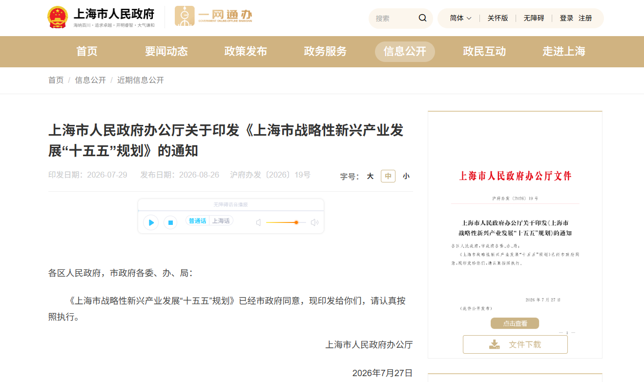 上海市人民政府办公厅关于印发《上海市战略性新兴产业发展“十五五”规划》的通知(图1)